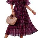 Women's Summer Boho Off Shoulder Midi Dress Ruffle Sleeve Smocked Elastic Waist Flowy Dresses (L)
