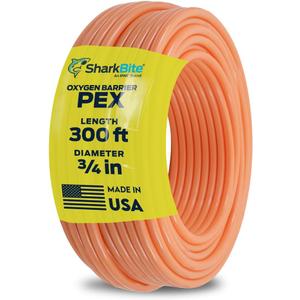 SharkBite 3/4 Inch x 300 Feet Orange PEX Pipe, Made in the USA, Oxygen Barrier Flexible Water Tubing for Radiant and Hydronic Heating, U870O300