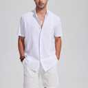 JEKAOYI Mens Casual Linen Button Down Short Sleeve Shirts Beach Summer Spread Collar Pocket Tops (White, XXXL)
