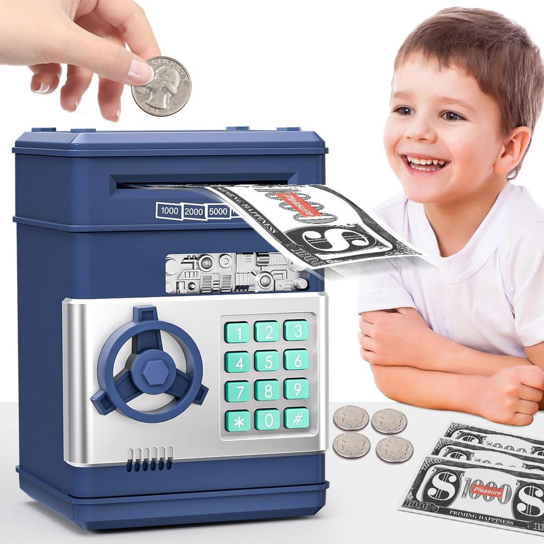 Piggy Bank Toys for Boys 6-8, Birthday Gifts for 6 7 8 10 11 12 Year Old Boys & Girls, Kids Safe Money Bank with Password, Educational Savings Toy for Kids Ages 5-12 (Navy)