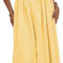 Wenrine Womens Halter V Neck Corset Maxi Dresses Summer Plaid Smocked Tie Back Backless Wedding Guest Drop Waist Dress (Yellow, L)