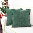 CaliTime Throw Pillow Cases Pack of 2 Cozy Solid Dyed Soft Chenille Cushion Covers with Pom Poms for Couch Sofa Home Decoration 22 X 22 Inches Dark Green (22" x 22" (Pack of 2))