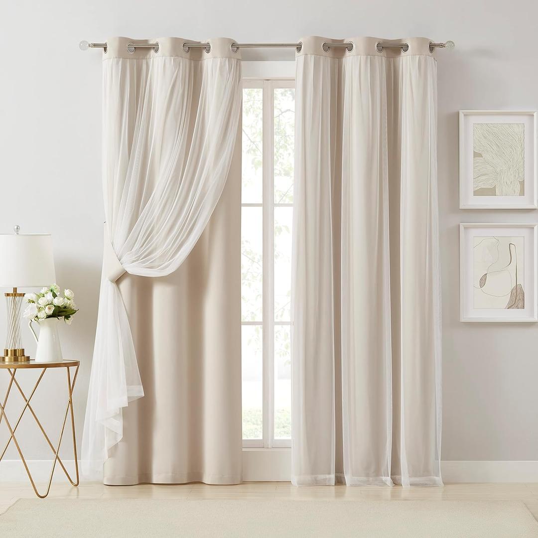 Bujasso Beige 80% Blackout Curtains with Sheer Overlay Mix and Match Double Layer Thermal Insulated Window Panels 108 inch for Living Room Bedroom Beige Drapes with Tiebacks Grommet Top 37" Wx108 Lx2