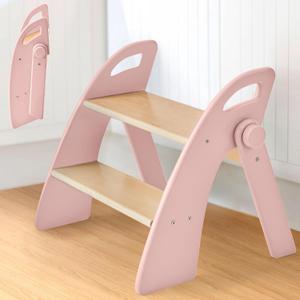 Reeple Wooden Step Stool, Two Step Stools, 300 lb. Load Capacity, with Safety NonSlip Pads and Handles, Bamboo Step Stool for Bathroom and Kitchen, Children's Double Height Step Stools(Pink)