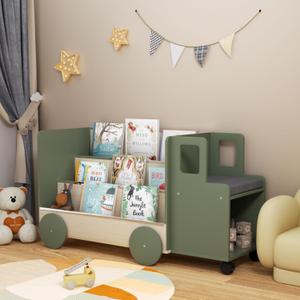 Kids Bookshelf with Locking Wheels, 3-Tier Truck Book Shelf, 4-in-1 Montessori Bookshelf with Toy Storage & Seat for Kids Rooms, Toddler, Nursery, CPC-Certified (32.5" L x 17.3" W x 13" H)