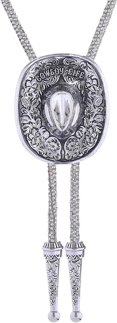 GelConnie Western Bolo Tie for Men Women Rhinestone Bolo Tie Album Tour Inspired Sparkly Neck Ties for Wedding & Concert (Cowboy Hat-silver)