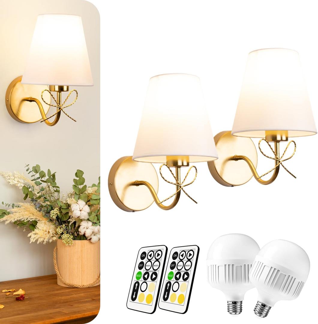 Battery Operated Wall Sconces Lights Set of Two Remote Control, Antique Brass Bow Sconces Rechargeable Battery Powered Wall Lights Dimmable LED 2700K-6000K 16 Color Temperatures