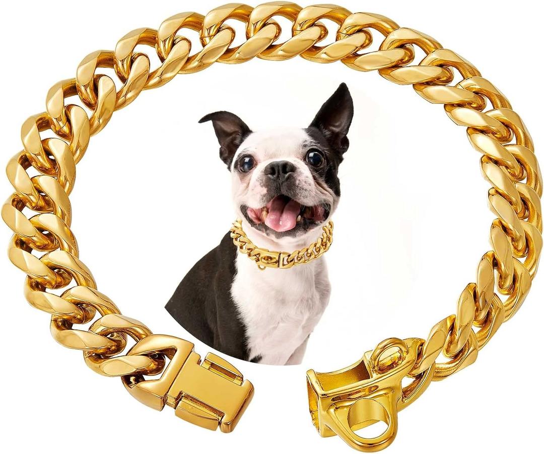 Stainless Steel Silver Gold Dog Collars with Safety Buckle Lock,18K Cuban Link Chain Training Collar,15MM Strong Dog Necklace Heavy Duty Chew Proof for Small Medium Large Dog (12 inch)