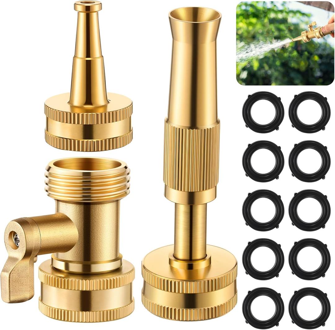 3 Pcs Brass Hose Nozzle Kit, Adjustable Twist Garden Hose Nozzle with High Pressure Jet Spray, Brass Shut off Valve, 10 Rubber Washers, 3/4 Inch Ght for Watering Plants, Car Wash, Cleaning