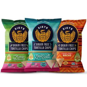 Siete Grain Free Tortilla Chips | Gluten Free Chips | Paleo & Vegan Snacks | Non GMO | Variety Pack, Lime, Sea Salt, Nacho, 5 Ounce (Pack of 6) Best By 09/08/2025