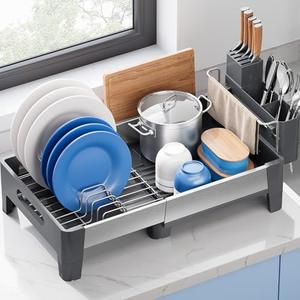 Urackify Expandable Dish Drying Rack, Stainless Steel Dish Rack with Aluminum Frame, Dish Drainer for Kitchen Counter, Space Saving Kitchen Drying Rack with Movable Utensil Holder, Gray