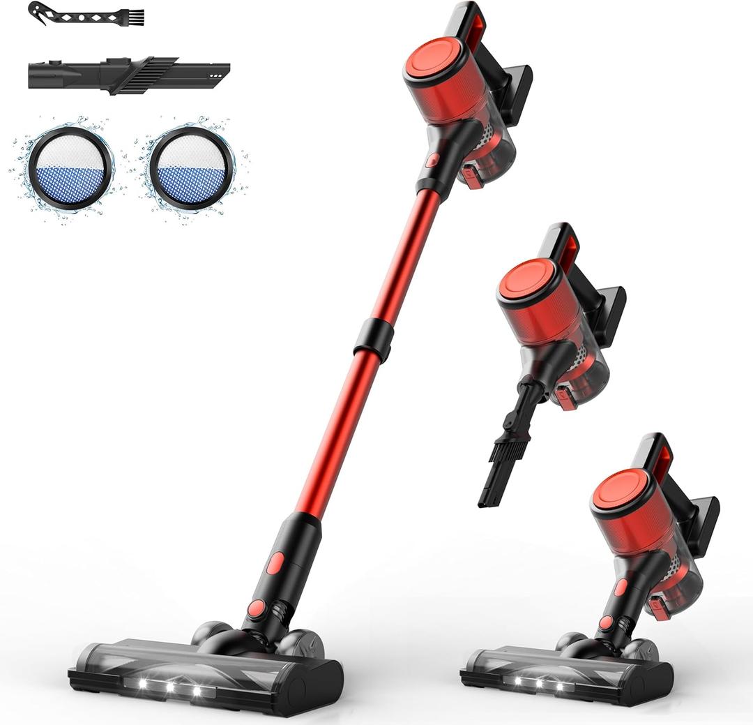 Cordless Vacuum Cleaner for Home - Lightweight, Stick Vacuum Clean with Rechargeable Battery, Max 45Mins Runtime, 8 in 1 Handheld Vacuum for Hardfloor & Carpets Pet Hair, Red&Black