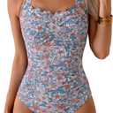 Eomenie Women One Piece Tummy Control Swimsuit Halter Scallop Trim Bathing Suits 1 Piece Vintage Ruched Slimming Swimwear (S, Orange Blue Floral Printed)