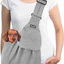 SlowTon Dog Carrier Sling - Thick Padded Shoulder Strap Adjustable Dog Carriers for Small Dogs, Puppy Carrier Purse for Pet Cat with Front Zipper Pocket Safety Belt Machine Washable (GY, L) (D-Light Grey Knitted Fabric)