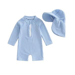 Gueuusu Baby Boys Girls Swimsuit One Piece Striped Zipper Bathing Suit Rash Guard Long Sleeve Seersucker Swimwear Sunsuit (Green, 6-12 Months)