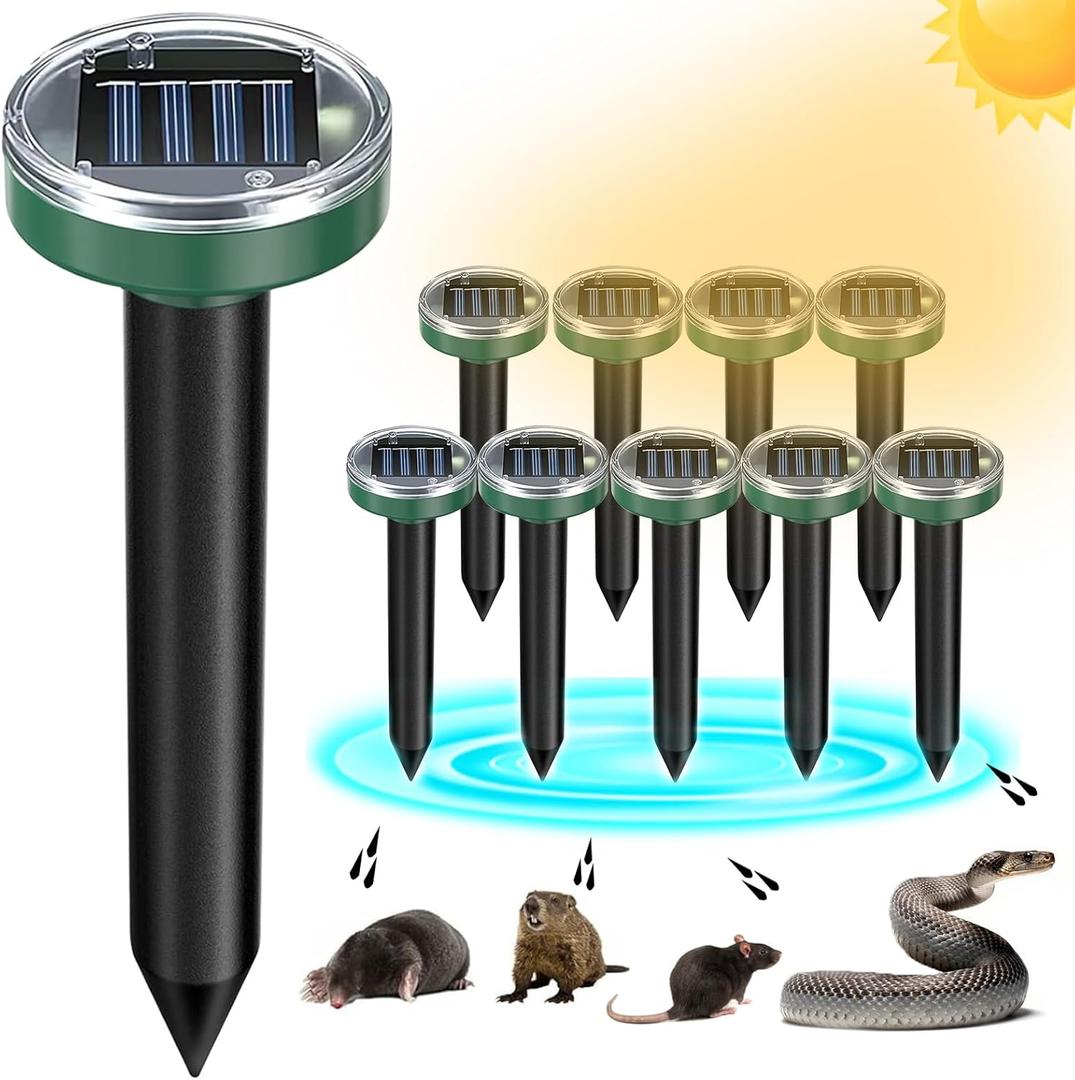 Mole Repellent Solar Powered 10 Pack Snake Repellent Ultrasonic, Groundhog Repeller, Gopher Repeller Sonic Mole Deterrent Spikes, Snake Gopher Mole Vole Repellent Outdoor for Lawn Garden & Yard