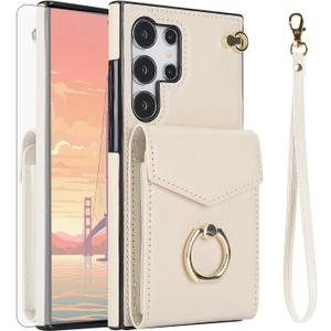 Asuwish Phone Case for Samsung Galaxy S25 Ultra 5G Wallet Cover with Tempered Glass Screen Protector and RFID Blocking Ring Stand Credit Card Holder Cell S25Ultra 25S S 25 25Ultra Women Men Off White