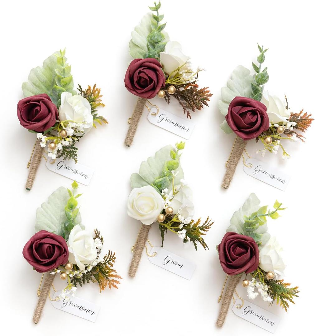 Ling's moment Boutonniere for Men, 6pcs Groom Groomsmen Boutonniere, Artificial Flowers for Wedding Decor/Prom/Homecoming, Burgundy White