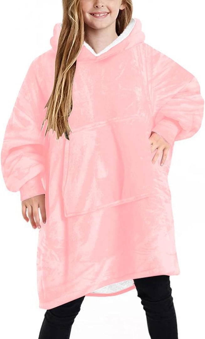 NORD ECO Wearable Blanket Hoodie for Kids & Teens 613 Year Old, Oversized Sherpa Fleece Sweatshirt with Pocket, Soft Cozy Hooded Blankets Christmas Birthday Gift for Boys and Girls, Pink
