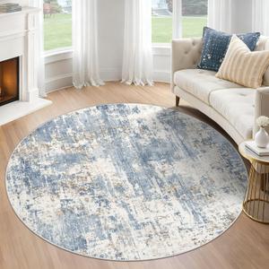 Round Rug 4ft for Bedroom, Washable Modern Abstract Circle Rug Neutral Soft Non Slip Kids Rug Stain Resistant Indoor Carpet for Living Room Nursery Playroom Dorm Girls Boys Room(Blue, 4' Round)