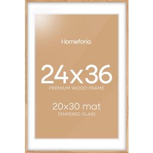 Homeforia 24x36 Poster Frame Wood, High End Natural Oak 24 x 36 Large Picture Frame with Mat 20 by 30, 24x36 Light Wooden Frames Matted to 20x30 Photo, 36x24 Frames, Tempered Glass, Wall Kit, Set of 1