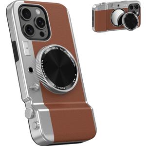 Integrated Camera Phone Case for iPhone 15 Pro, Cute 3D Cartoon Retro Bluetooth Camera Phone Case with Mirror Hard PC Back Cover + Soft TPU Protector Compatible with Magsafe Brown