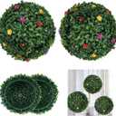 2PCS Artificial Boxwood Topiary Ball with Flowers 11 INCH 3 Layers Hanging Topiary Ball for Home Garden Wedding Party Decor Environmental UV Protected Faux Boxwood Decorative Ball