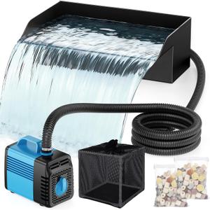 Pond Waterfall Spillway Kit, 12" Pond Waterfall Filter with 660GPH Waterfall Pump & Filter Cage, 10 Ft Corrugated Tubing for Outdoor Garden Ponds, Backyard Water Features
