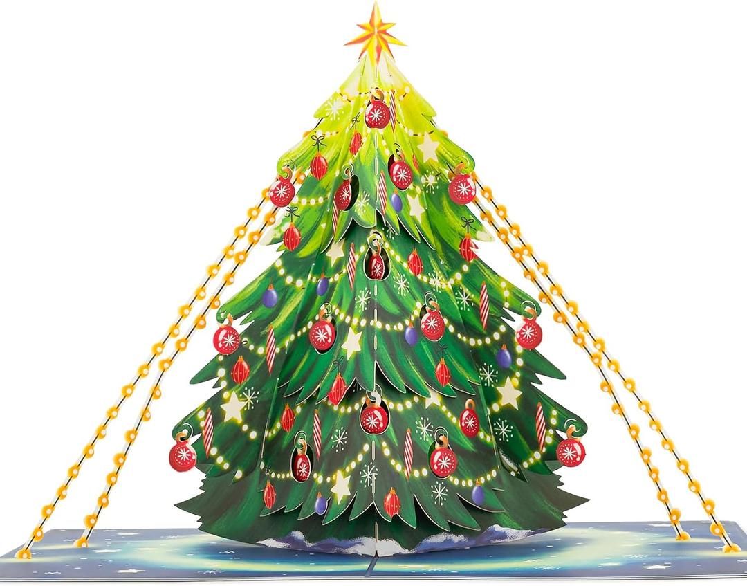2 x Christmas Tree Pop Up Card, Merry Christmas, Pine Tree, Snowflakes, Balls, Snow, Light, 3D Greeting Card, Gift for Xmas, 5x7 - Includes Envelope And Message Note