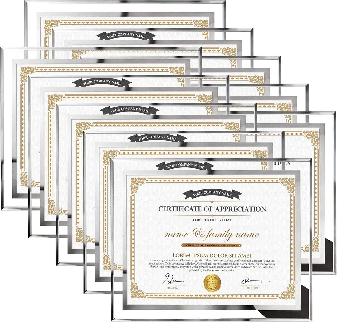Hoikwo 8.5 by 11 Picture Frames, 10 Packs 8.5x11 Silver Glass Certificate Frames for 8.5 x 11 Document Diploma Award, Only for Tabletop Display Vertically or Horizontally