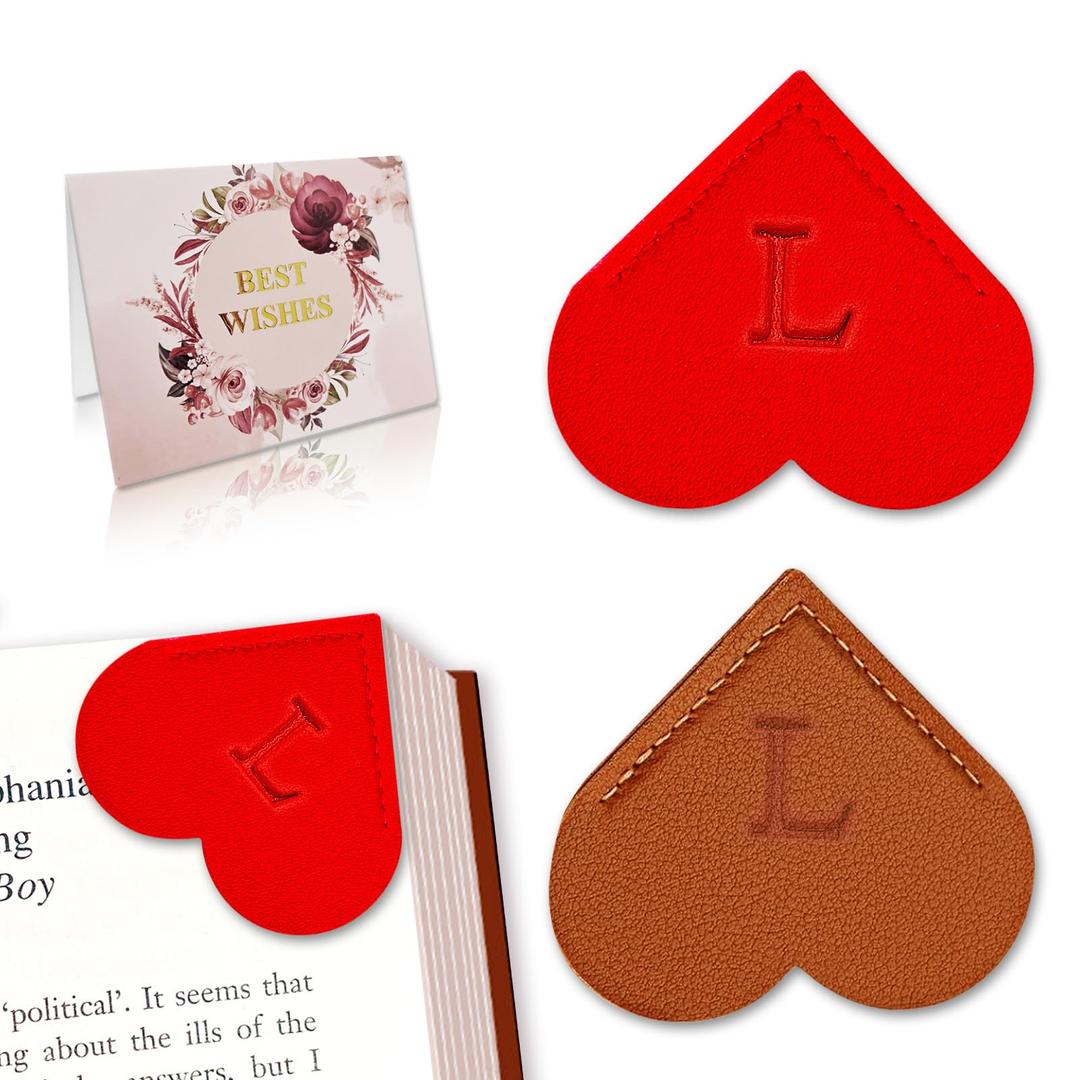 4 x Personalized Leather Heart Bookmark with Initial, Cute Letters Custom Corner Book Mark for Reading Women, Student, Book Lovers, Teacher Appreciation Gifts (Red+Brown, L)