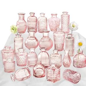 Pink Glass Bud Vase Set of 22, Small Vases for Flowers, Clear Glass Vases for Centerpieces, Mini Bud Vases in Bulk Rustic Wedding Decorations, Centerpieces, Vintage Look Home Table Flower Decor