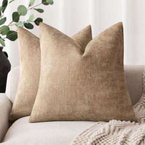 Foindtower Pack of 2 Textured Chenille Throw Decorative Pillow Covers Square Accent Solid Cushion Cover Neutral Farmhouse Pillow Case for Couch Sofa Bedroom Living Room 20x20 Inch, Taupe Khaki Camel 