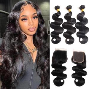 Bundles with Closure Human Hair 3 Bundles with Closure16 18 20+14 Body Wave Bundles with 5x5 Lace Closure Free Part Natural Black Color