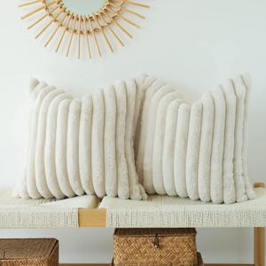 JOJUSIS Pack of 2 Faux Fur Plush Decorative Throw Pillow Covers Couch Cushion Case Soft Pillowcases (Beige, 22 x 22-Inch)