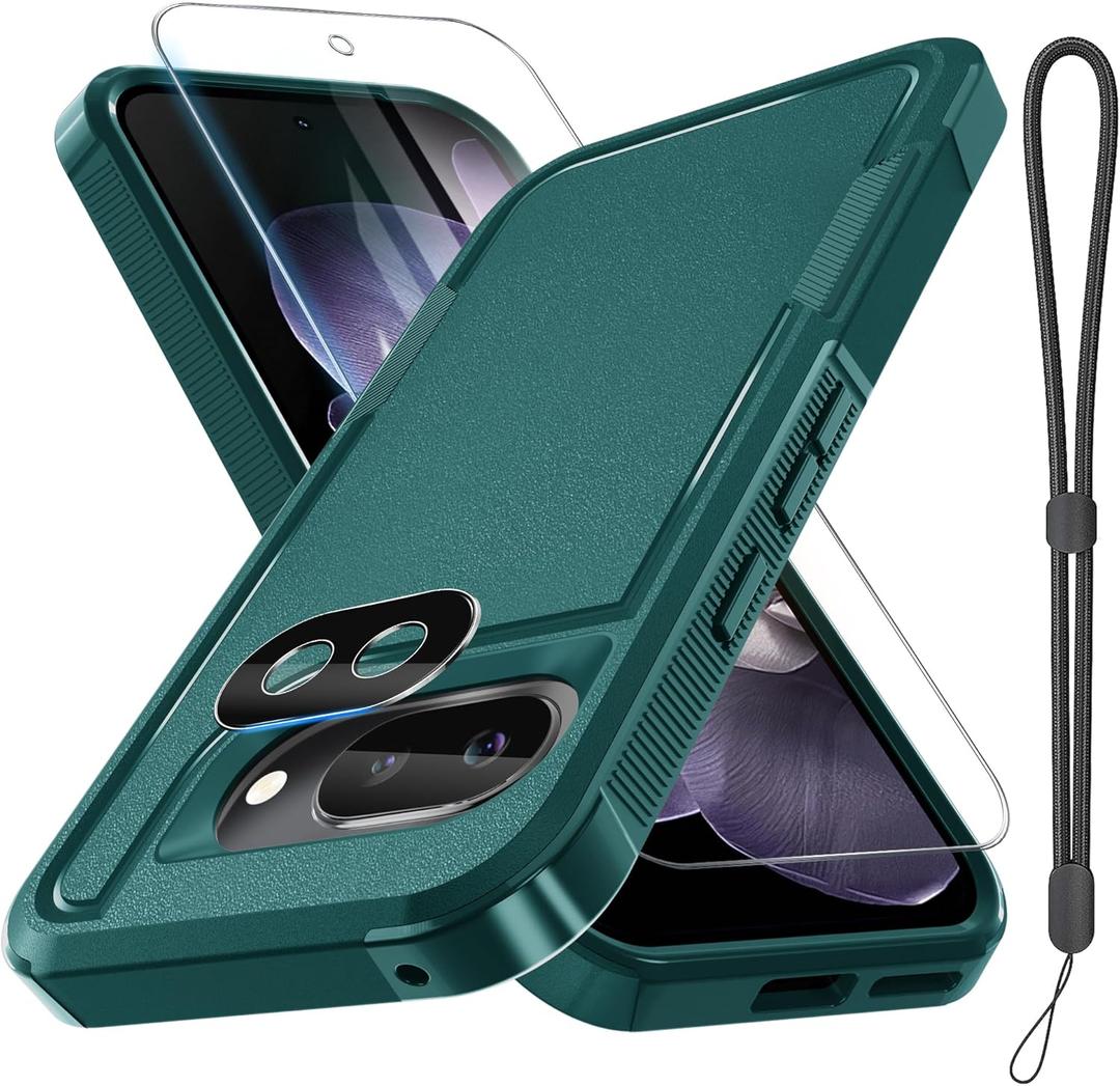 for Google Pixel 9a Case with Screen Protector+Camera Lens Protector+Wrist Strap Lanyard,Heavy Duty Shockproof Full Body Protective Phone Cover,2025 Dark Green