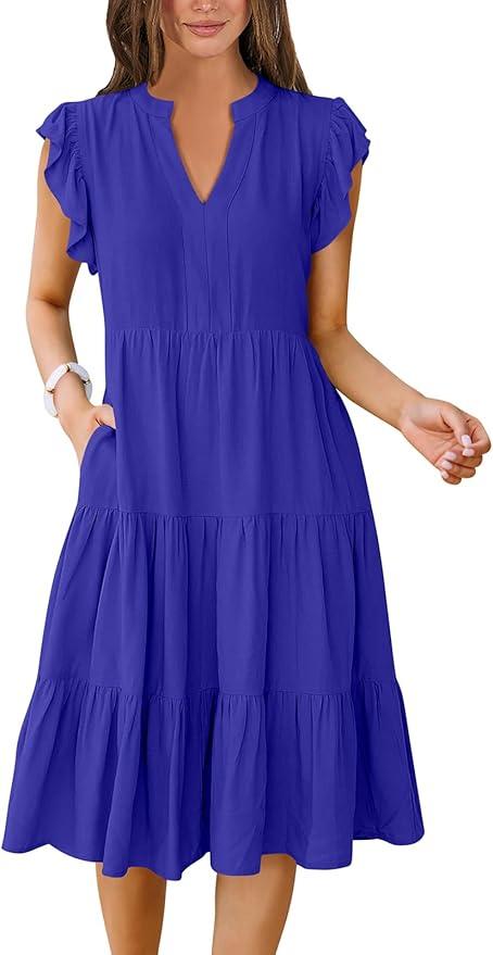 ANRABESS Womens Summer Dress Ruffle Sleeve V Neck Midi Dresses Fashion Casual Fit Flowy Tiered Boho Beach Vacation Sundress (X-Large, Royal Blue)