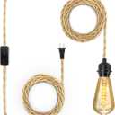 Plug in Pendant Light Cord, Farmhouse Hanging Lights with Plug in Cord, 15FT Hemp Rope Plugin Hanging Light Cord Kit with On/Off Switch, E26 E27 Light SocketCord, Bulb NOT Included
