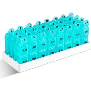 Daviky Monthly Pill Organizer 2 Times a Day, 30 Day Pill Box AM PM with Separate Container, One Month Medicine Case Twice a Day to Hold Vitamins, Supplements and Medication (Cyan)