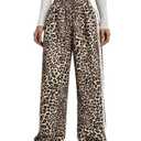 Verdusa Women's Petite Pants Leopard Print Baggy Pants Casual Workout Long Trousers College Clothes Brown Large Petite