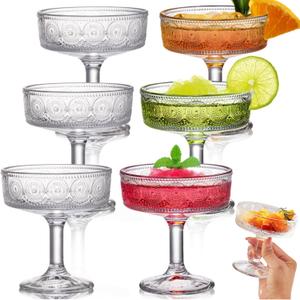 Set of 6 Vintage Coupe Glasses, 7 OZ Embossed Martini Glass, Floral Fluted Cocktail Glasses, Unique Clear Margarita Cup, Romantic Drinking Glassware for Cocktail Wine Champagne