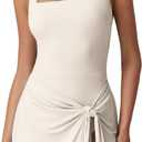 QINSEN Square Neck Swim Dress for Women Tummy Control One Piece Swimsuit Wrap Bathing Suit (Small, Beige)