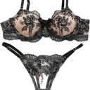 Sexy Floral Embroidered Flower Mesh Underwire Push Up Lingerie Set (Bow Black B) X-Large