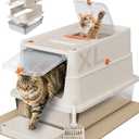 Stainless Steel Litter Box with Flip Lid, XL Extra Large Cat Litter Box with High Sided Top Entry Design, Anti-Leakage Enclosed Metal Litterbox for Big Cats, with Handle, Mat, Pedal & Scoop, Beige