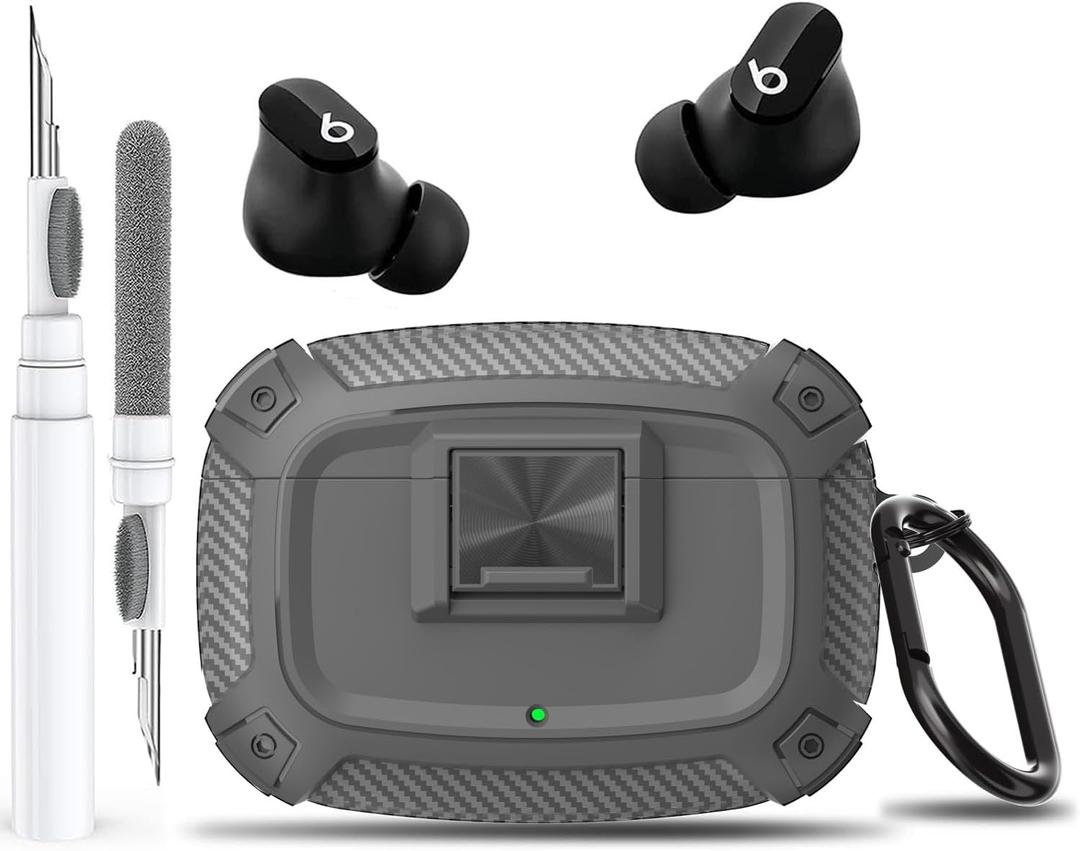 for Beats Studio Buds/Bud + Case Cover with Lock Clip 2021/2023, Rugged Shockproof Protective Hard Skin with Carabiner&Cleaner Pen Men Women for Beat Studio Buds/Bud Plus Earbuds - Grey