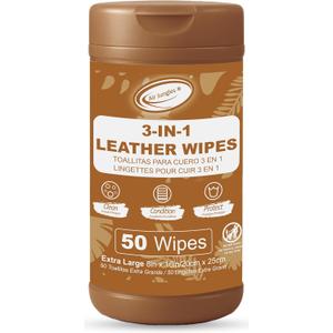 Air Jungles 3in1 Leather Wipes 50 Count, Extra Large 8" x 10" Size, Clean Condition Protect Wipes for Leather Car Seat, Furniture Couch, Shoes Boots Bags Purse Apparel