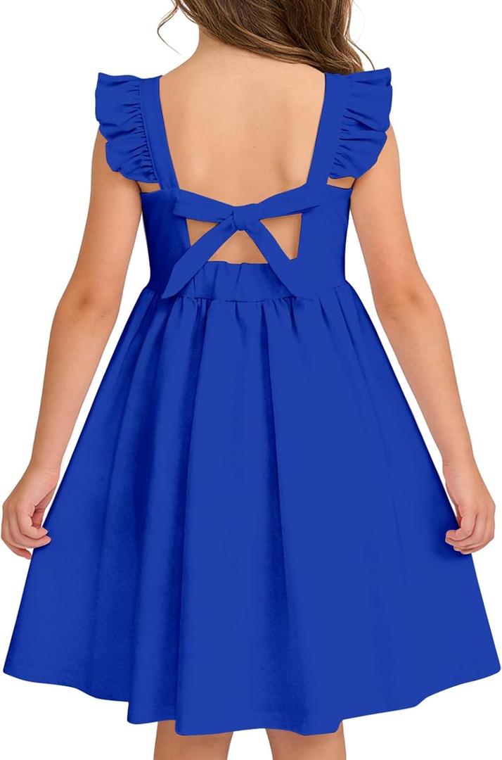 Vieille Girls Summer Dress Kids Tie Back Ruffle Sundress Casual Sleeveless Dresses 3-8 Years (Blue)