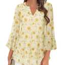 Timeson Womens 3/4 Sleeve Tops: Business Casual - Dressy Blouses for Women - Polyester Shirts for Women Cute Floral Ladies Top Loose Fitted Spring Tunics for Leggings Flowy Office Work Rose Yellow XL