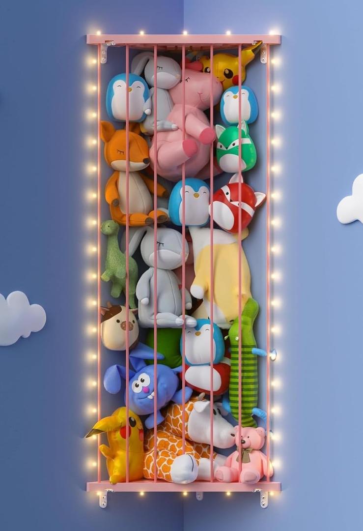 Corner Stuffed Animal Storage Net - Stuffed Animals Holder with Lights - Plush Toy Organizer Hanging Stuffed Animal Hammock with Adjustable Length for Kids Room Playroom Bedroom Nursery Decor (Standard, Pink)