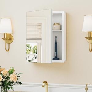 Keonjinn White Medicine Cabinet 14 x 18 Inch, Assembly Required, Mini Medicine Cabinet Mirror for Compact Bathroom, Free Adjustable Shelves, Wall Mount or Recessed, Tempered Glass